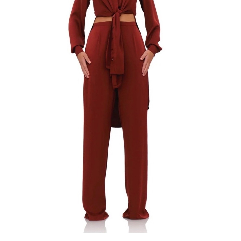 Andrea Iyamah Uchi Pants Chocolate Brown Satin Wide Leg High Waist NWT Size S